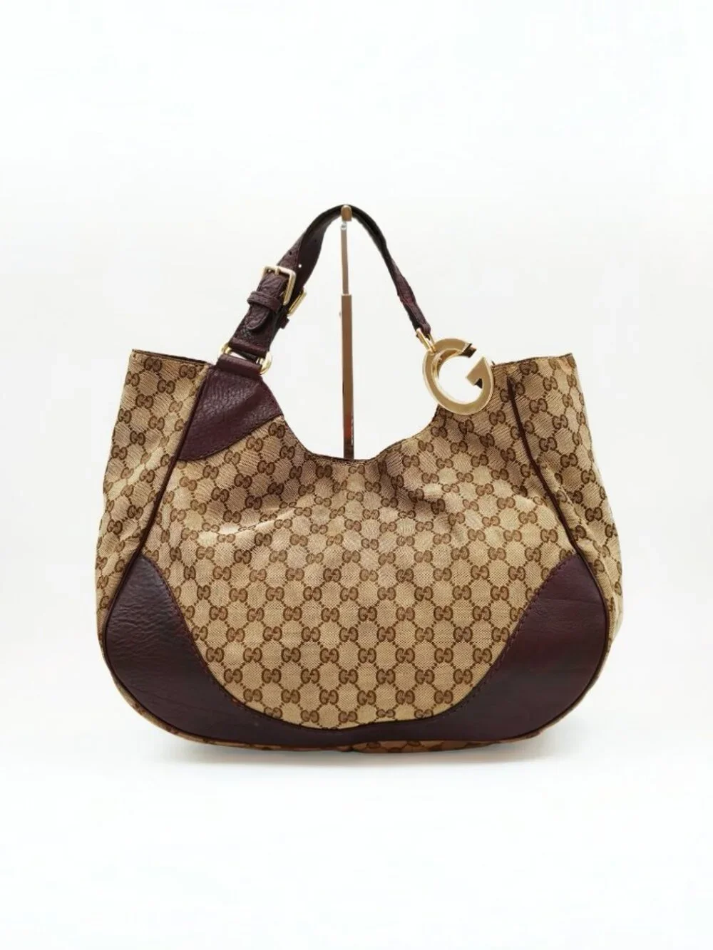 Gucci GG Canvas Horsebit Hobo Shoulder Bag Beige Brown Monogram Leather Large